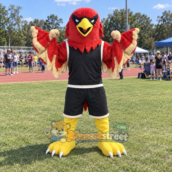 Red Falcon Mascot Costume with Black Sports Uniform