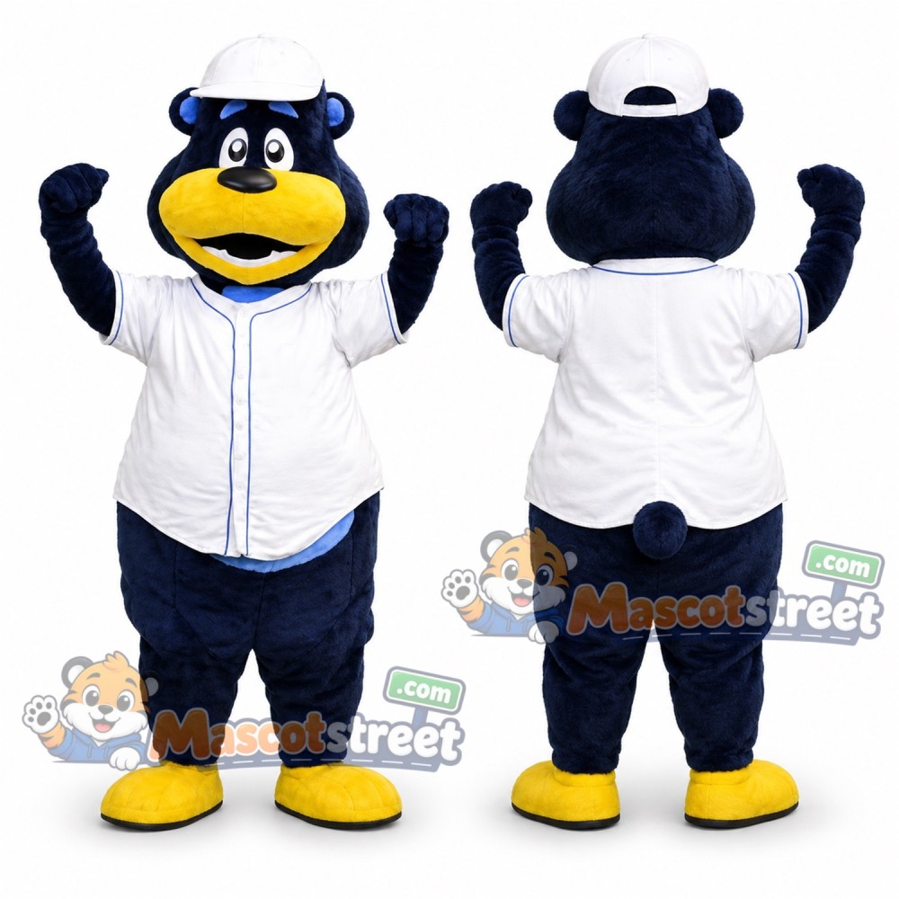 Blue Bear Mascot Costume with White Baseball Shirt and Cap