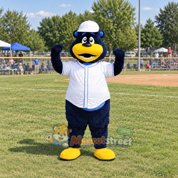 Blue Bear Mascot Costume with White Baseball Shirt and Cap