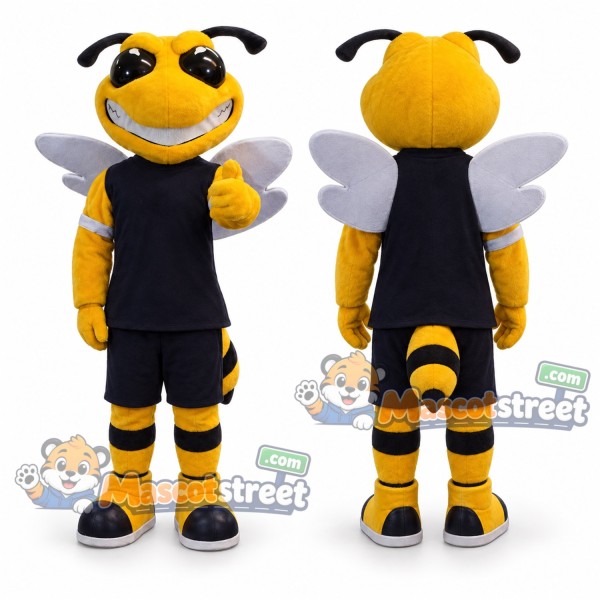 Yellow and Black Bee Mascot Costume with Black Sports Uniform