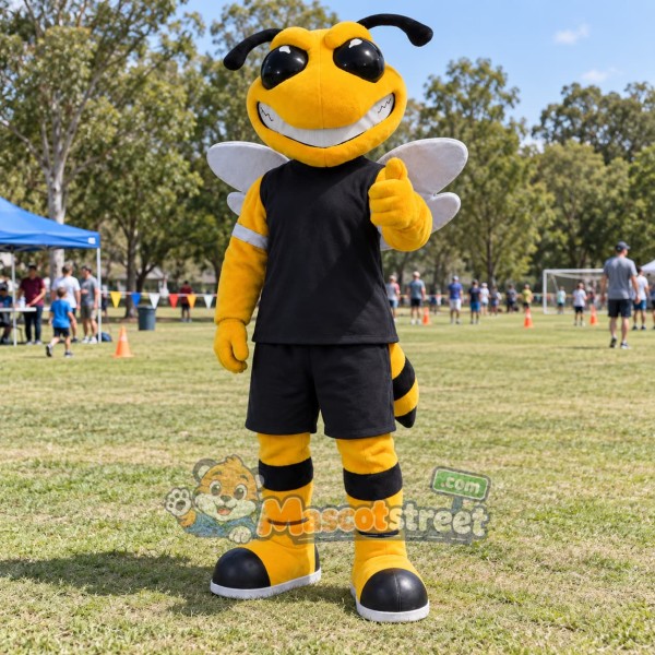 Yellow and Black Bee Mascot Costume with Black Sports Uniform