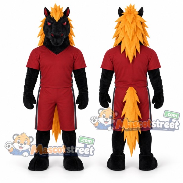 Black Horse Mascot Costume with Burgundy Sports Uniform