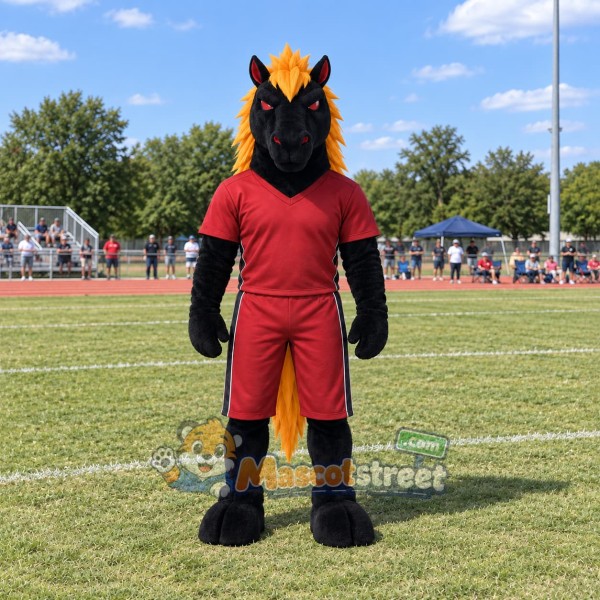 Black Horse Mascot Costume with Burgundy Sports Uniform