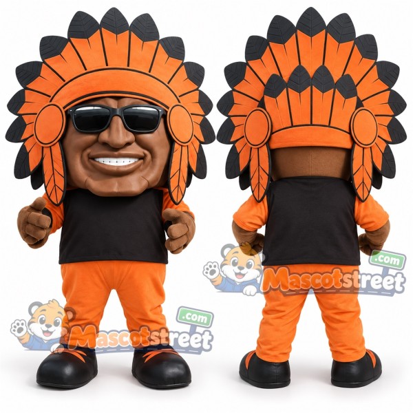Man Mascot Costume with Black Shirt, Orange Pants and Feathered Headdress