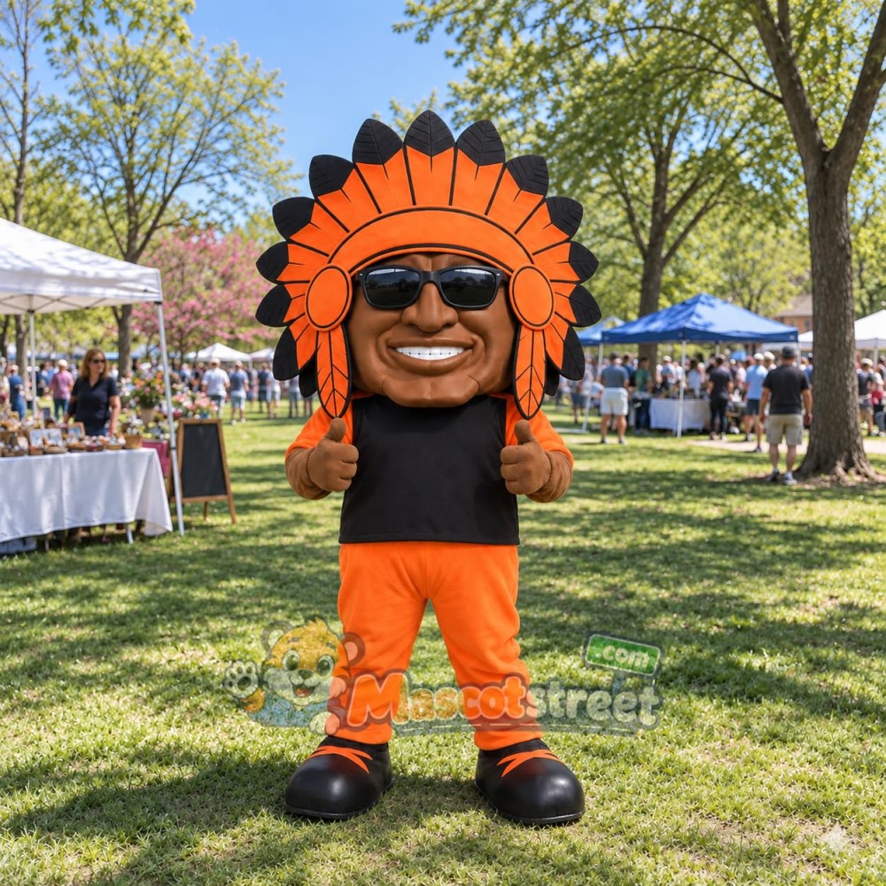 Man Mascot Costume with Black Shirt, Orange Pants and Feathered Headdress