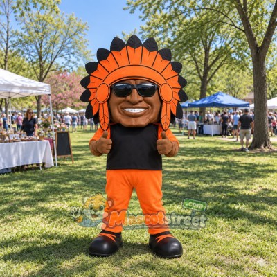 Man Mascot Costume with Black Shirt, Orange Pants and Feathered Headdress