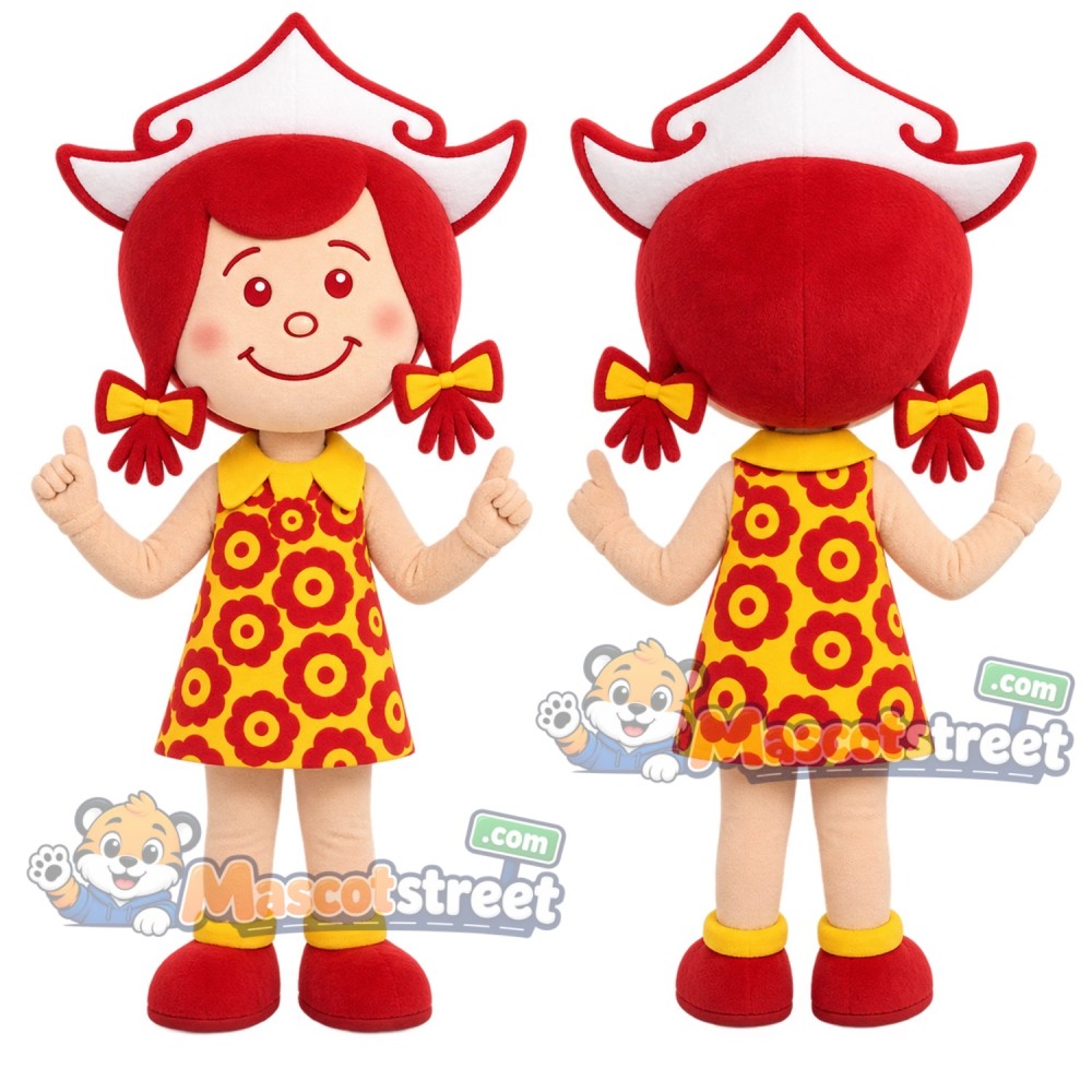 Girl Mascot Costume with Orange Floral Dress and Red Hat