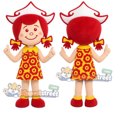 Girl Mascot Costume with Orange Floral Dress and Red Hat