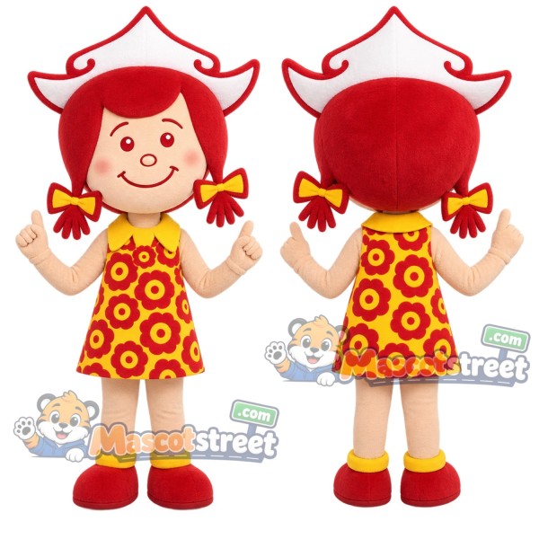 Girl Mascot Costume with Orange Floral Dress and Red Hat