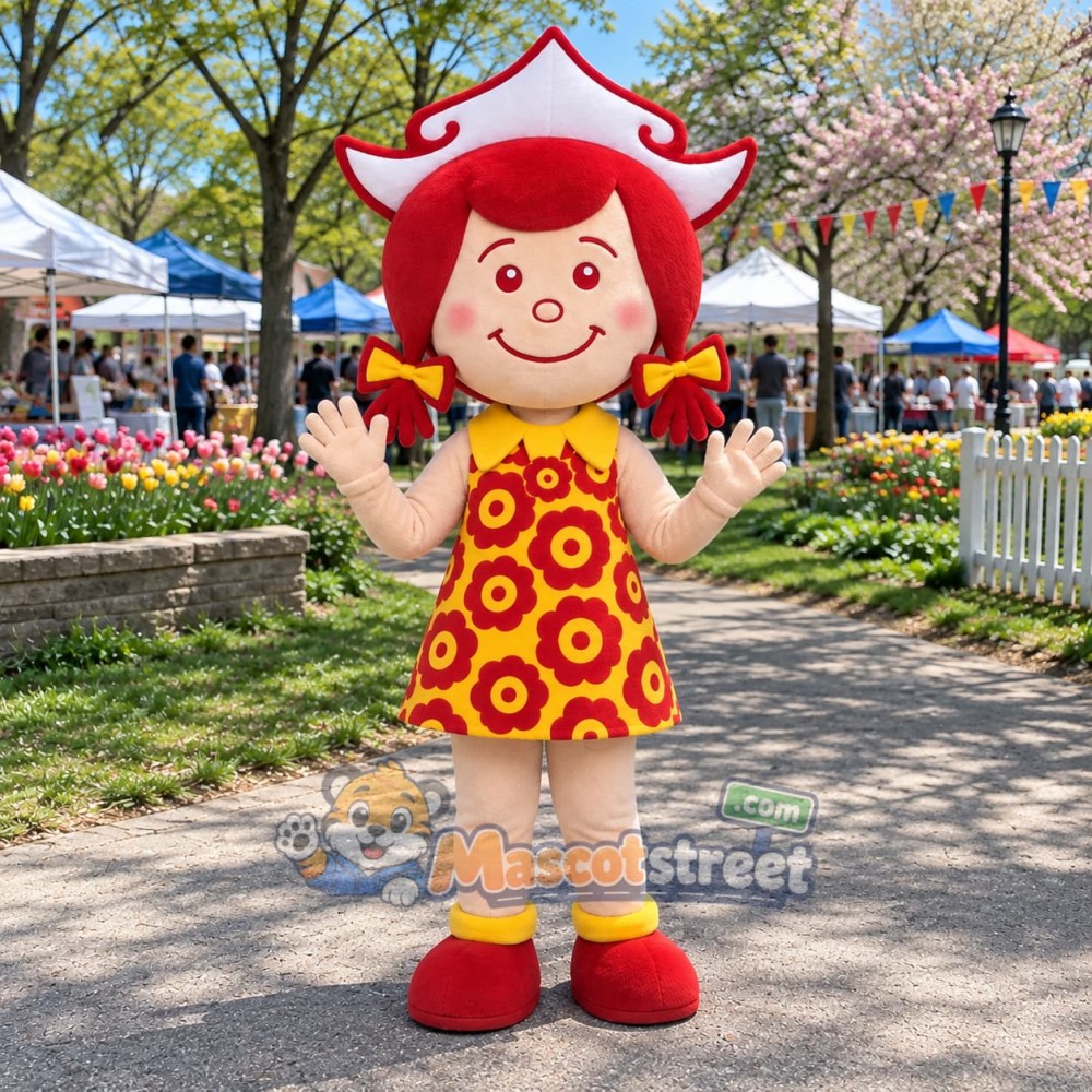 Girl Mascot Costume with Orange Floral Dress and Red Hat