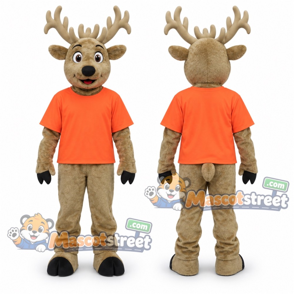 Brown Deer Mascot Costume with Orange Shirt