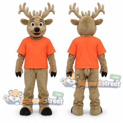 Brown Deer Mascot Costume with Orange Shirt