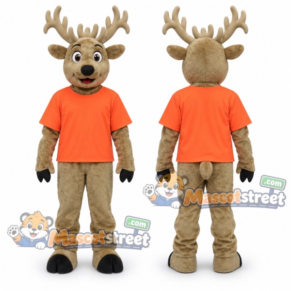 Brown Deer Mascot Costume with Orange Shirt