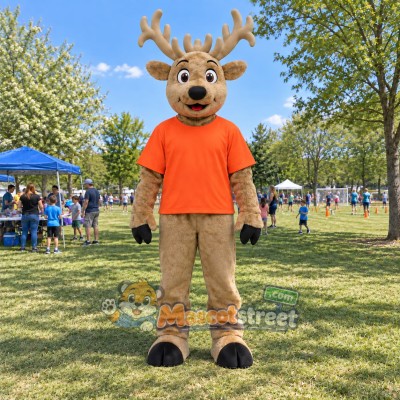 Brown Deer Mascot Costume with Orange Shirt