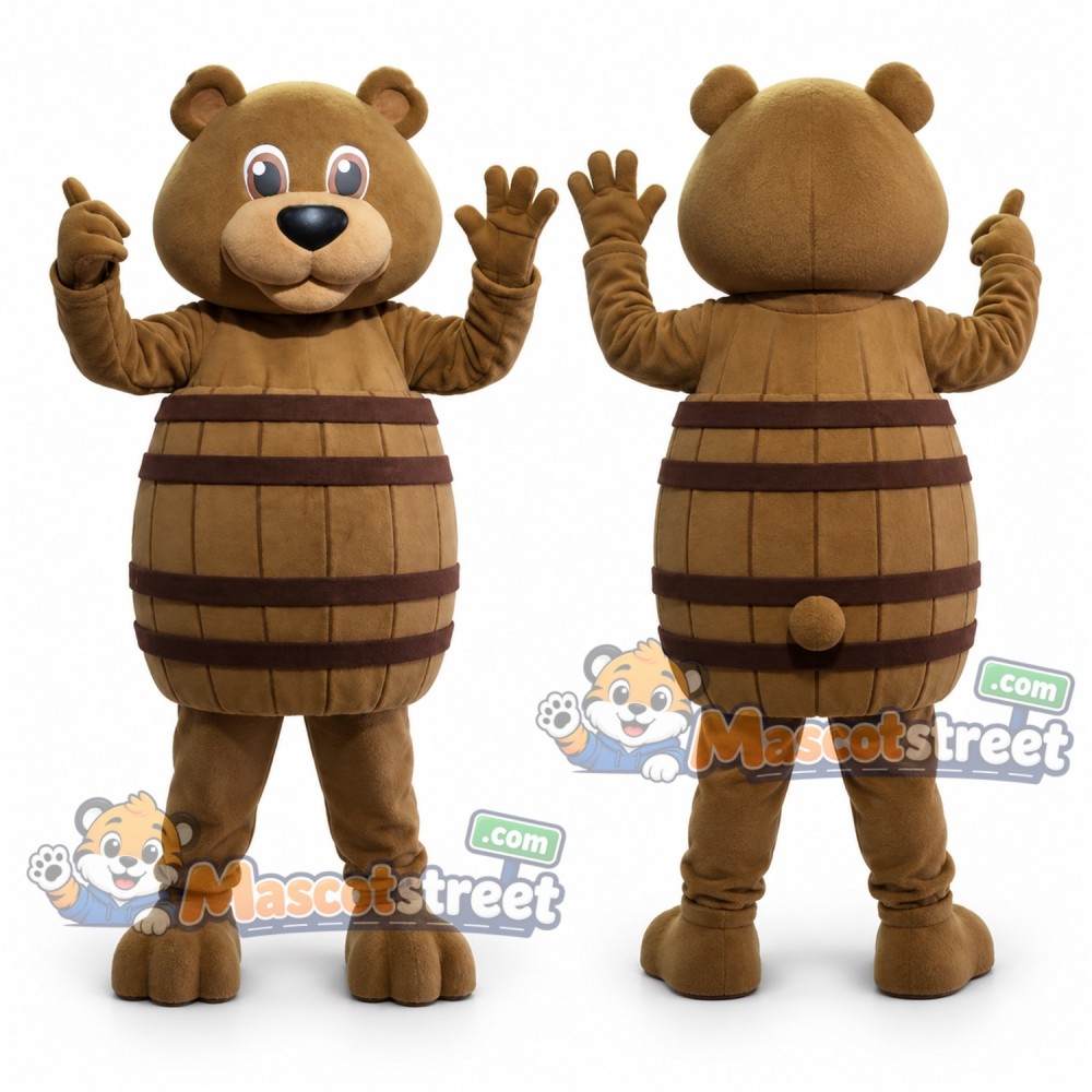 Brown Bear Mascot Costume with Barrel