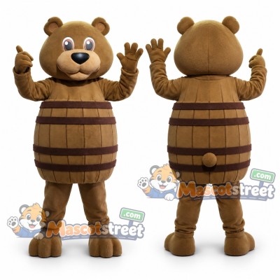 Brown Bear Mascot Costume with Barrel