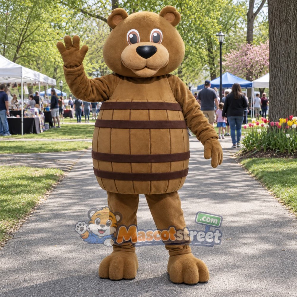 Brown Bear Mascot Costume with Barrel