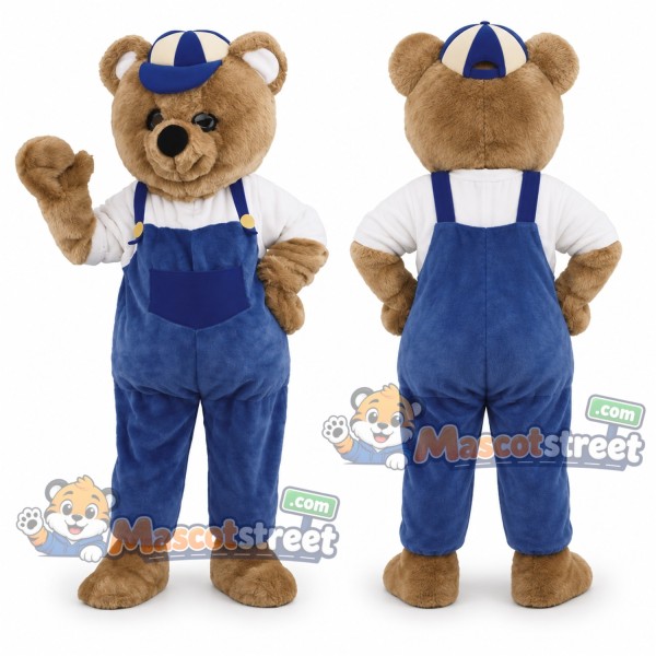 Tan Bear Mascot Costume with Blue Overalls and Cap