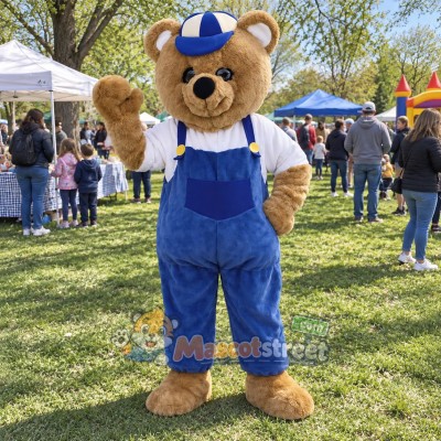 Tan Bear Mascot Costume with Blue Overalls and Cap Tan Bear Mascot Costume with Blue Overalls and Cap