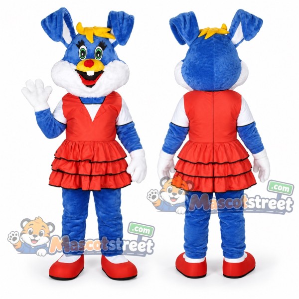 Blue Rabbit Mascot Costume with Red Dress and Yellow Hair Bow
