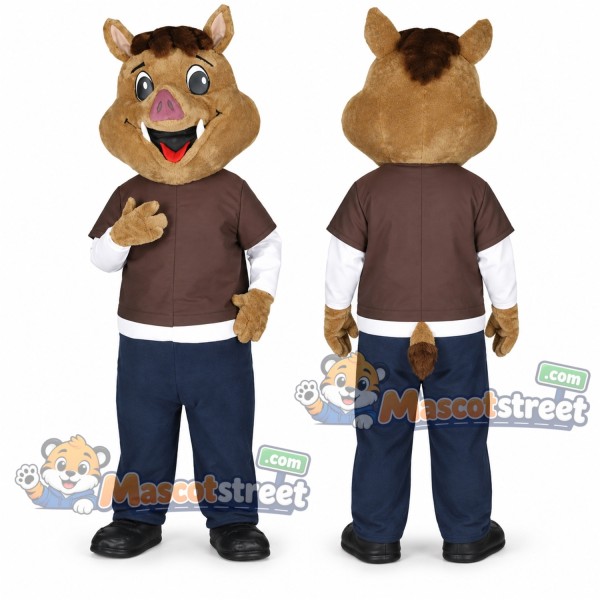 Brown Boar Mascot Costume with Brown Shirt and Blue Pants