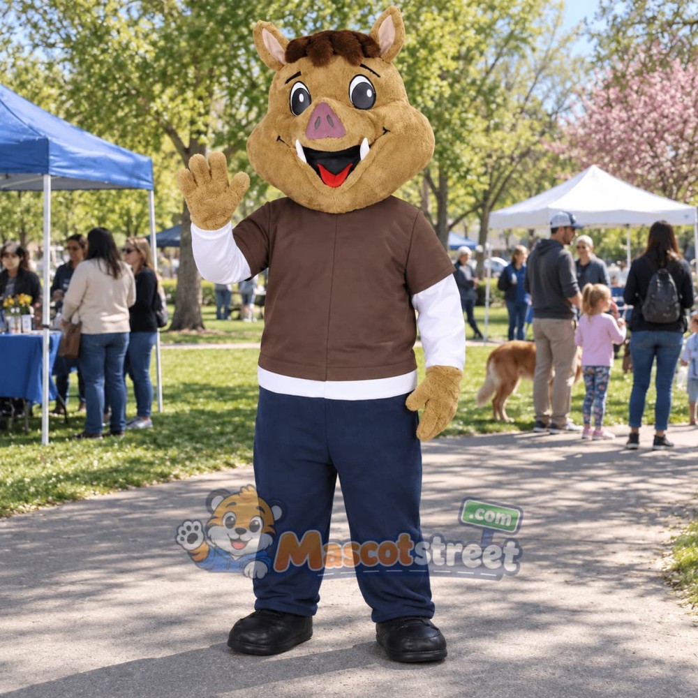 Brown Boar Mascot Costume with Brown Shirt and Blue Pants