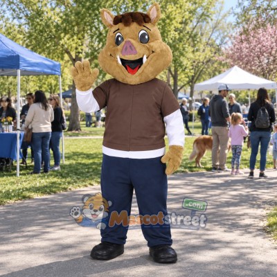 Brown Boar Mascot Costume with Brown Shirt and Blue Pants