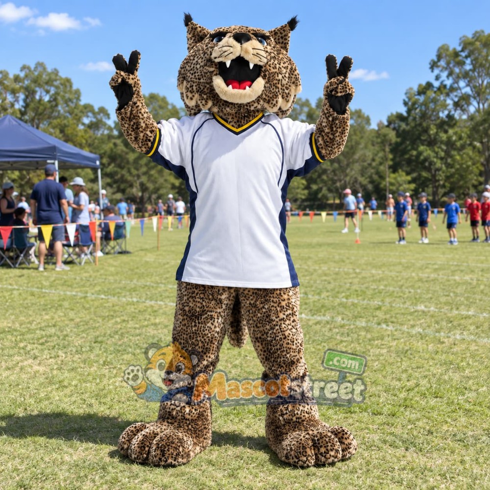 Brown Bobcat Mascot Costume with White Sports Shirt Brown Bobcat Mascot Costume with White Sports Shirt