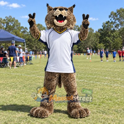 Brown Bobcat Mascot Costume with White Sports Shirt Brown Bobcat Mascot Costume with White Sports Shirt