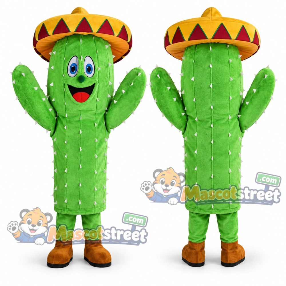 Green Cactus Mascot Costume with Sombrero