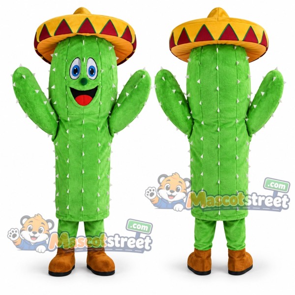Green Cactus Mascot Costume with Sombrero