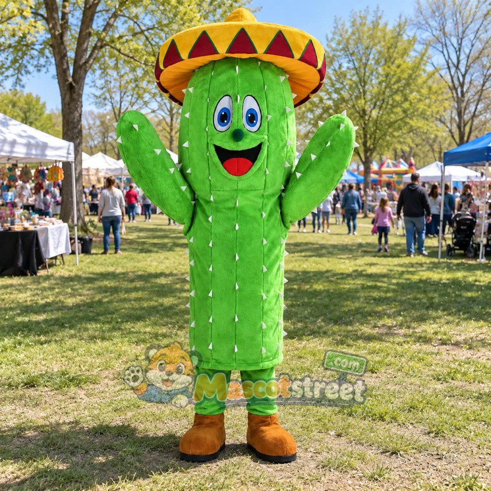 Green Cactus Mascot Costume with Sombrero