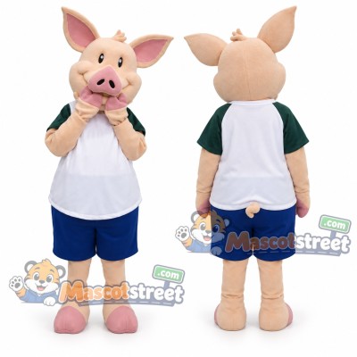 Pink Pig Mascot Costume with White and Green Shirt and Blue Shorts Pink Pig Mascot Costume with White and Green Shirt and Blue Shorts
