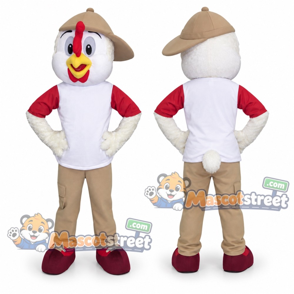 White Chicken Mascot Costume with White and Red Shirt, Tan Pants and Cap