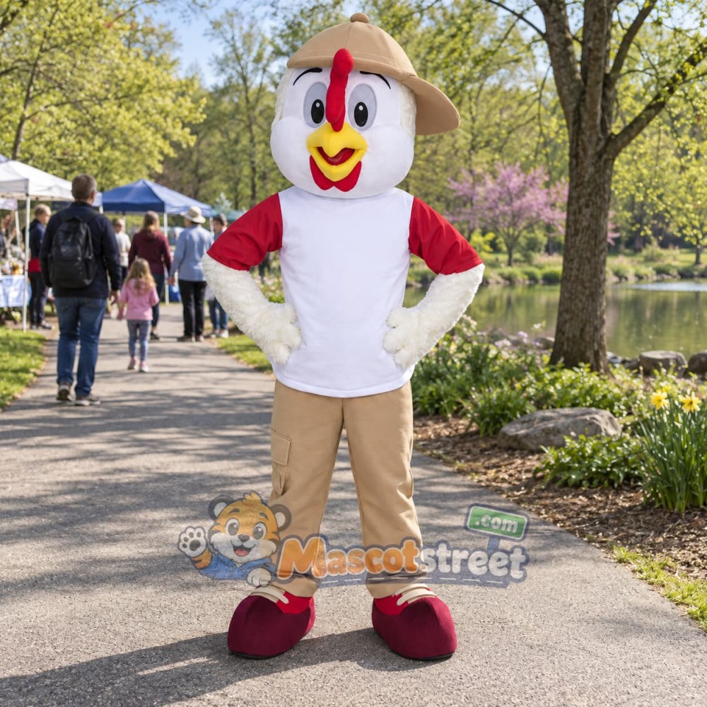 White Chicken Mascot Costume with White and Red Shirt, Tan Pants and Cap