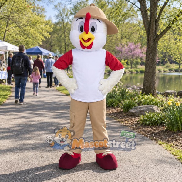 White Chicken Mascot Costume with White and Red Shirt, Tan Pants and Cap
