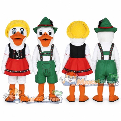 Duck Couple Mascot Costume with Bavarian Dress and Lederhosen Duck Couple Mascot Costume with Bavarian Dress and Lederhosen