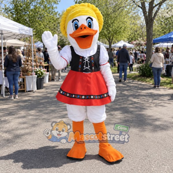 Duck Couple Mascot Costume with Bavarian Dress and Lederhosen