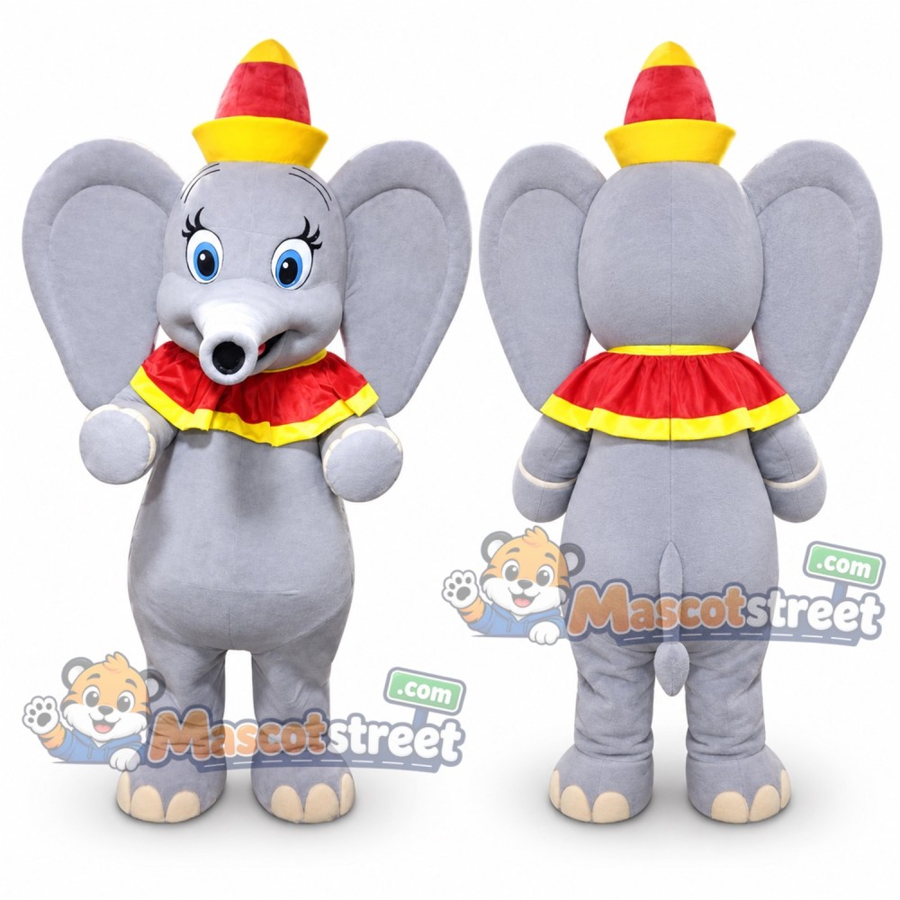 Gray Elephant Mascot Costume with Red Collar and Yellow Hat Gray Elephant Mascot Costume with Red Collar and Yellow Hat