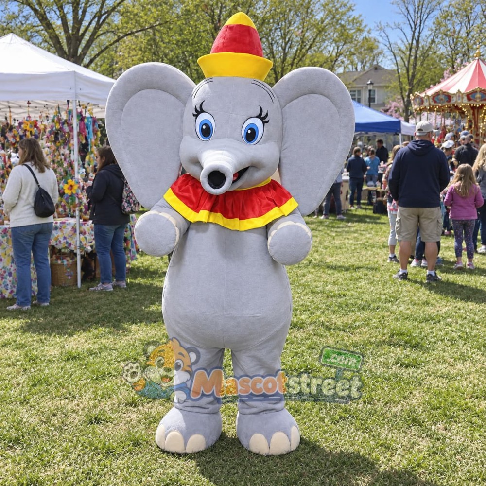 Gray Elephant Mascot Costume with Red Collar and Yellow Hat Gray Elephant Mascot Costume with Red Collar and Yellow Hat