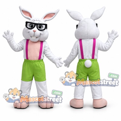 White Rabbit Mascot Costume with Green Shorts, Pink Suspenders and Glasses White Rabbit Mascot Costume with Green Shorts, Pink Suspenders and Glasses
