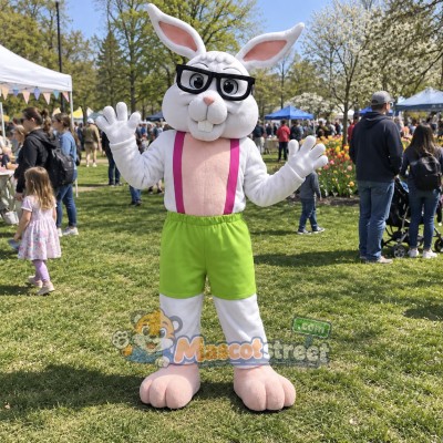 White Rabbit Mascot Costume with Green Shorts, Pink Suspenders and Glasses White Rabbit Mascot Costume with Green Shorts, Pink Suspenders and Glasses