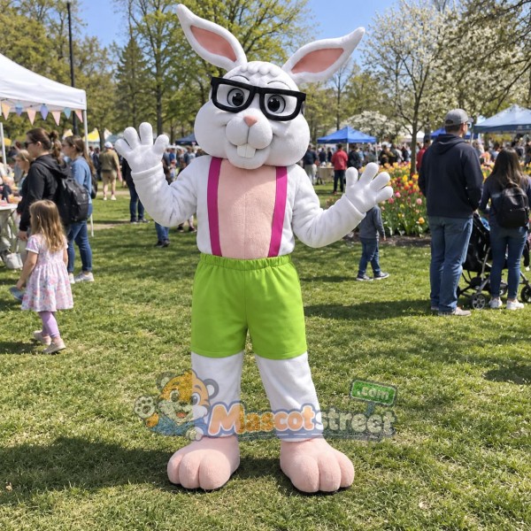 White Rabbit Mascot Costume with Green Shorts, Pink Suspenders and Glasses