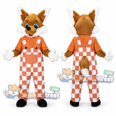 Orange Fox Mascot Costume with Checkered Overalls Orange Fox Mascot Costume with Checkered Overalls