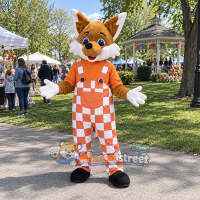 Orange Fox Mascot Costume with Checkered Overalls Orange Fox Mascot Costume with Checkered Overalls