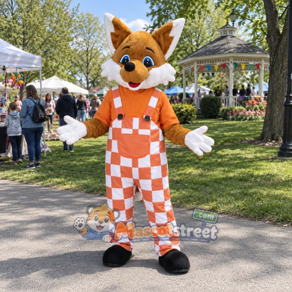 Orange Fox Mascot Costume with Checkered Overalls