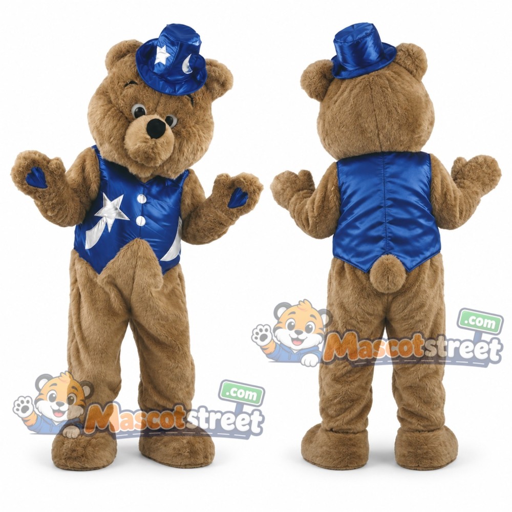 Tan Bear Mascot Costume with Blue Star Vest and Hat Tan Bear Mascot Costume with Blue Star Vest and Hat
