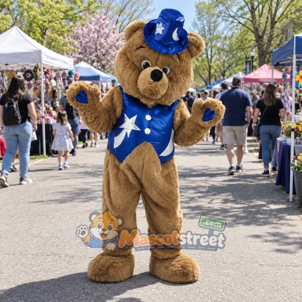 Tan Bear Mascot Costume with Blue Star Vest and Hat