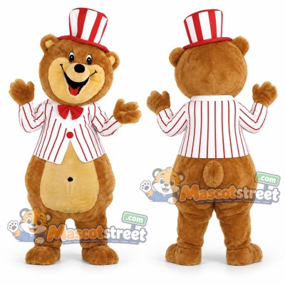 Brown Bear Mascot Costume with Striped Jacket and Top Hat