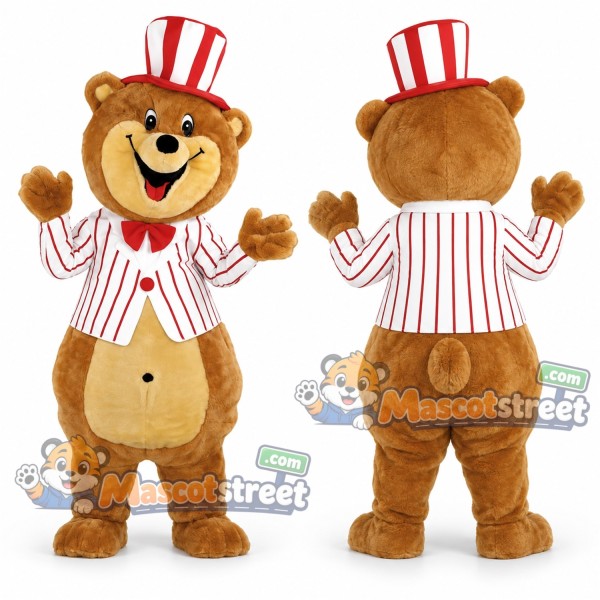 Brown Bear Mascot Costume with Striped Jacket and Top Hat